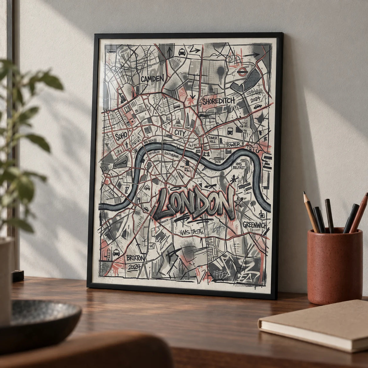 London City Map Wall Art, a small A4 framed print leaning on a walnut desk