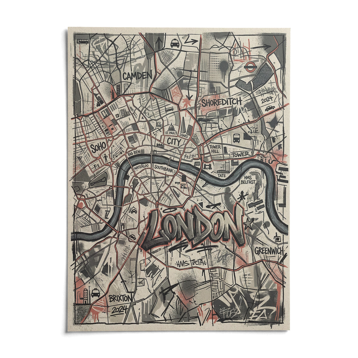 London City Map Wall Art, shown as an unframed paper print on a plain white background