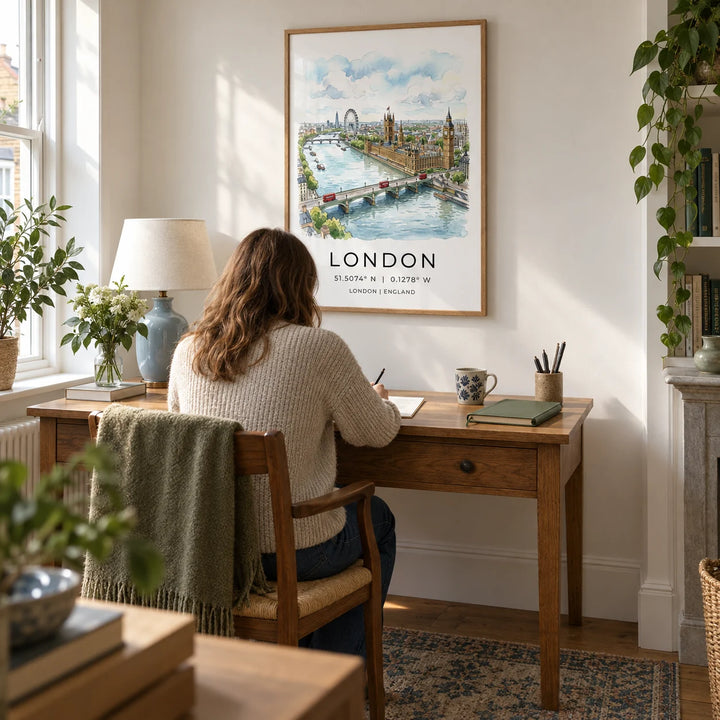 London Cityscape Print, framed on the wall of a quiet home study in a UK terraced house with chalk white walls and an oak floor