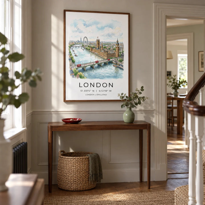 London Cityscape Print, framed on the wall of a welcoming hallway in a London maisonette with pale warm grey walls and simple painted panelling