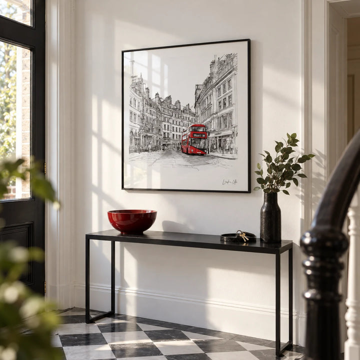 London England Wall Art, framed on the wall of a London townhouse hallway with white walls and a black and white floor