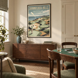 Long Island Golf Art Print, framed on the wall of a compact games room in a British family home with cream walls and a dark oak floor