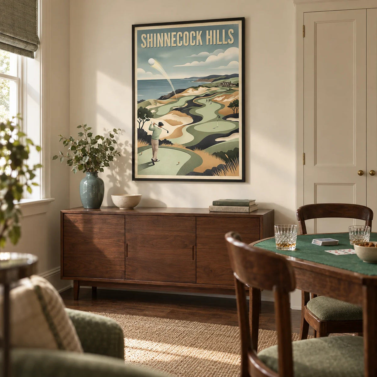 Long Island Golf Art Print, framed on the wall of a compact games room in a British family home with cream walls and a dark oak floor