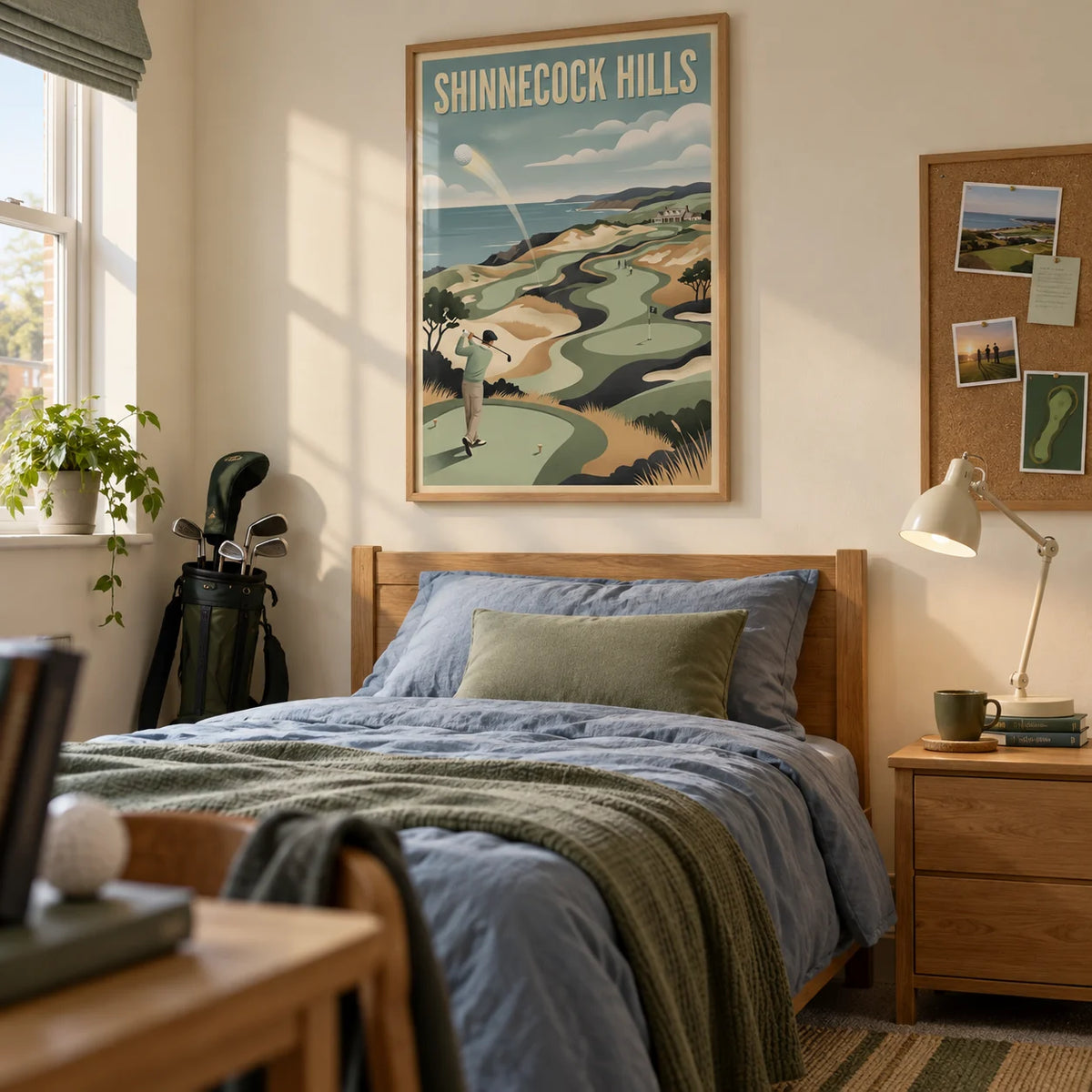 Long Island Golf Art Print, framed on the wall of a golf-loving teenager's single bedroom (13-17) in a British family home with pale cream walls