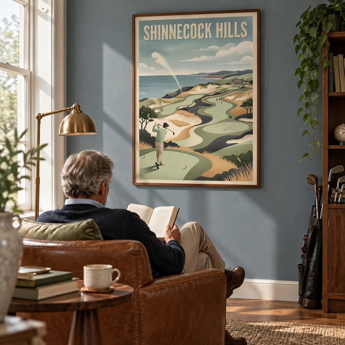 Long Island Golf Art Print, framed on the wall of a quiet reading corner in a mature golf enthusiast's British home with a muted blue wall and warm wooden floor in a living room