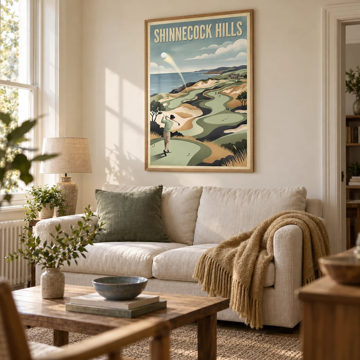 Long Island Golf Art Print, framed on the wall of a relaxed living room in a characterful British terrace with warm ivory walls and oak floorboards