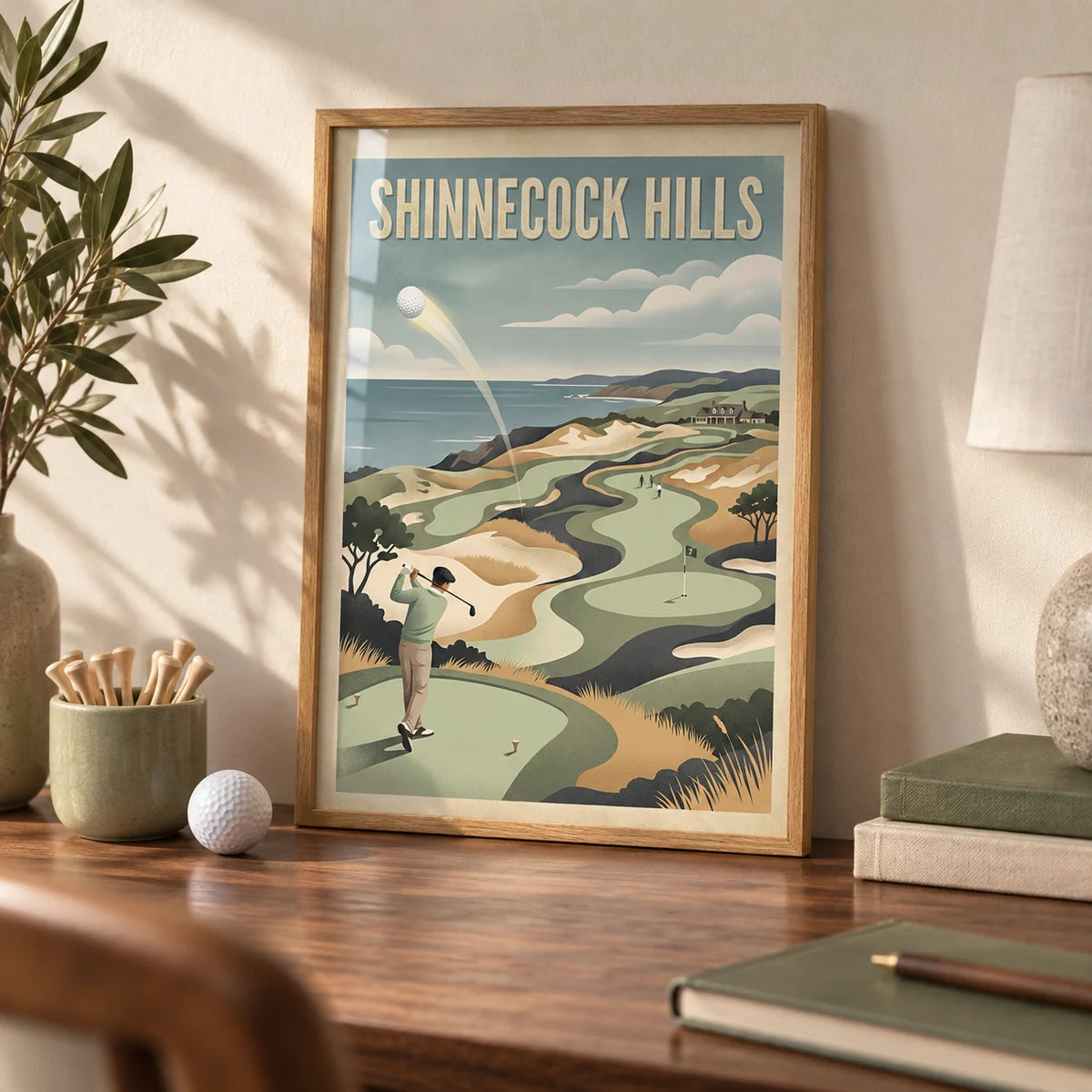 Long Island Golf Art Print, a small A4 framed print leaning on a walnut desk