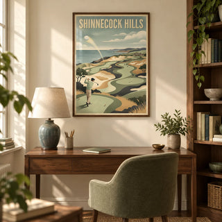 Long Island Golf Art Print, framed on the wall of a warm study in a British semi-detached home with cream plaster walls and walnut shelving