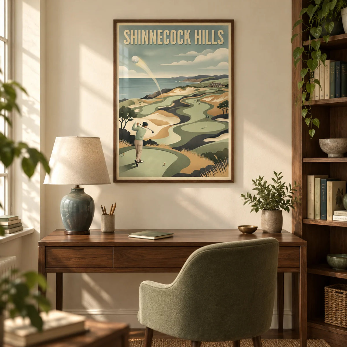 Long Island Golf Art Print, framed on the wall of a warm study in a British semi-detached home with cream plaster walls and walnut shelving