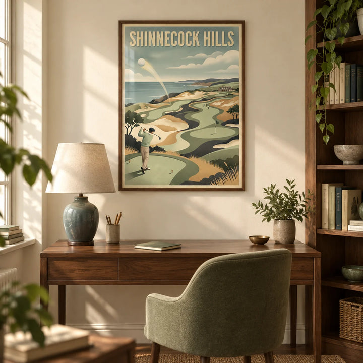 Long Island Golf Art Print, framed on the wall of a warm study in a British semi-detached home with cream plaster walls and walnut shelving