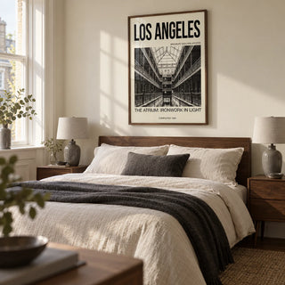 Los Angeles Architecture Art Print, framed on the wall of a calm bedroom for an architecture-loving couple in a UK townhouse with a warm ivory wall