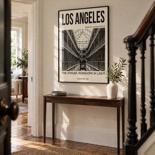 Los Angeles Architecture Art Print, framed on the wall of a characterful hallway in a renovated Victorian terrace with ivory walls