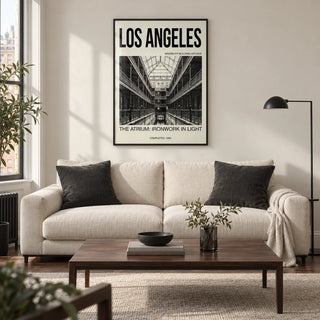 Los Angeles Architecture Art Print, framed on the wall of a modern living room in a UK city flat with an ivory wall