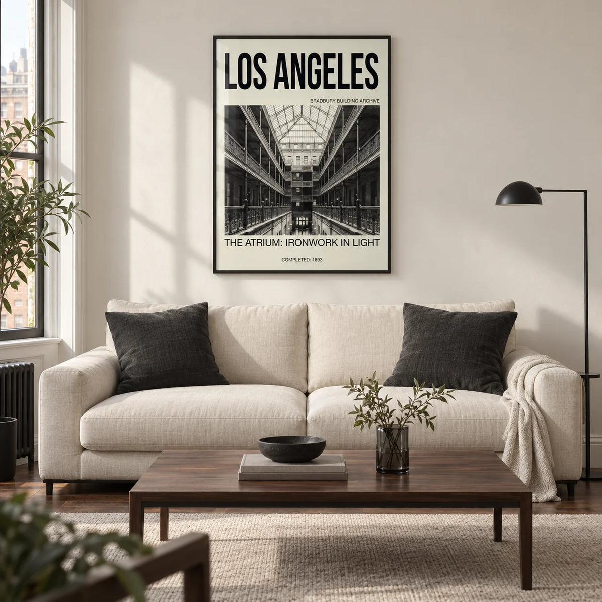 Los Angeles Architecture Art Print, framed on the wall of a modern living room in a UK city flat with an ivory wall