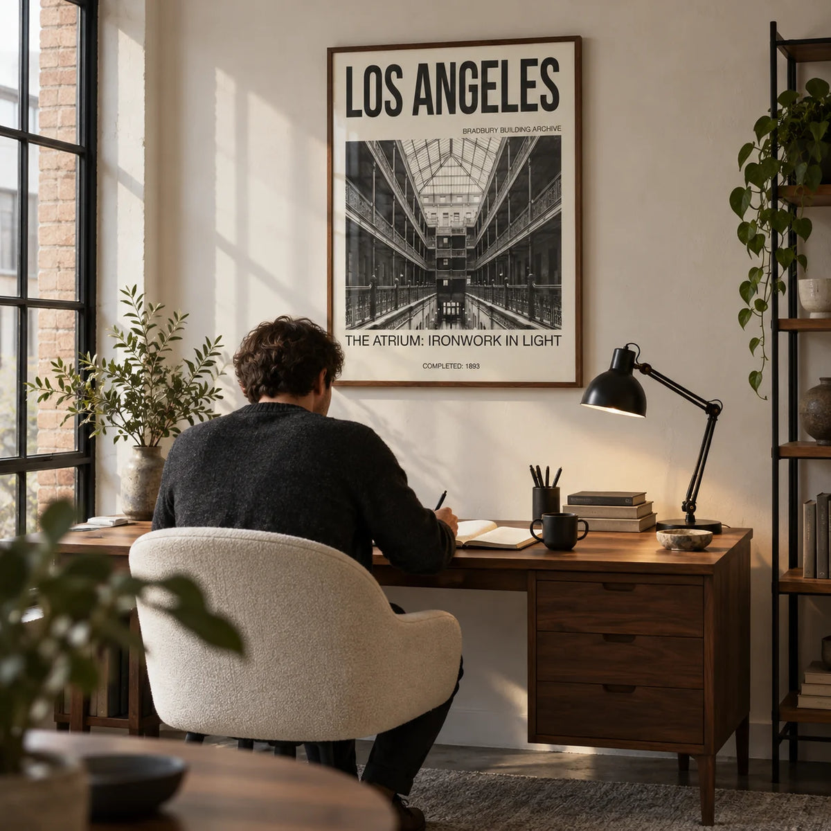 Los Angeles Architecture Art Print, framed on the wall of a quiet home study in a converted UK warehouse flat with a warm white plaster wall and a tall black metal window