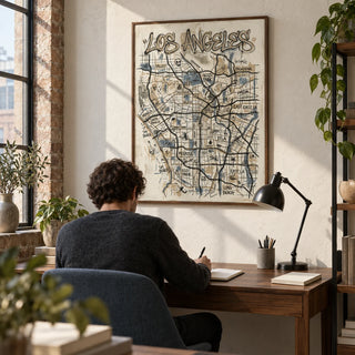 Los Angeles Map Art, framed on the wall of a compact home study in a converted UK warehouse flat with an off-white plaster wall and a walnut desk