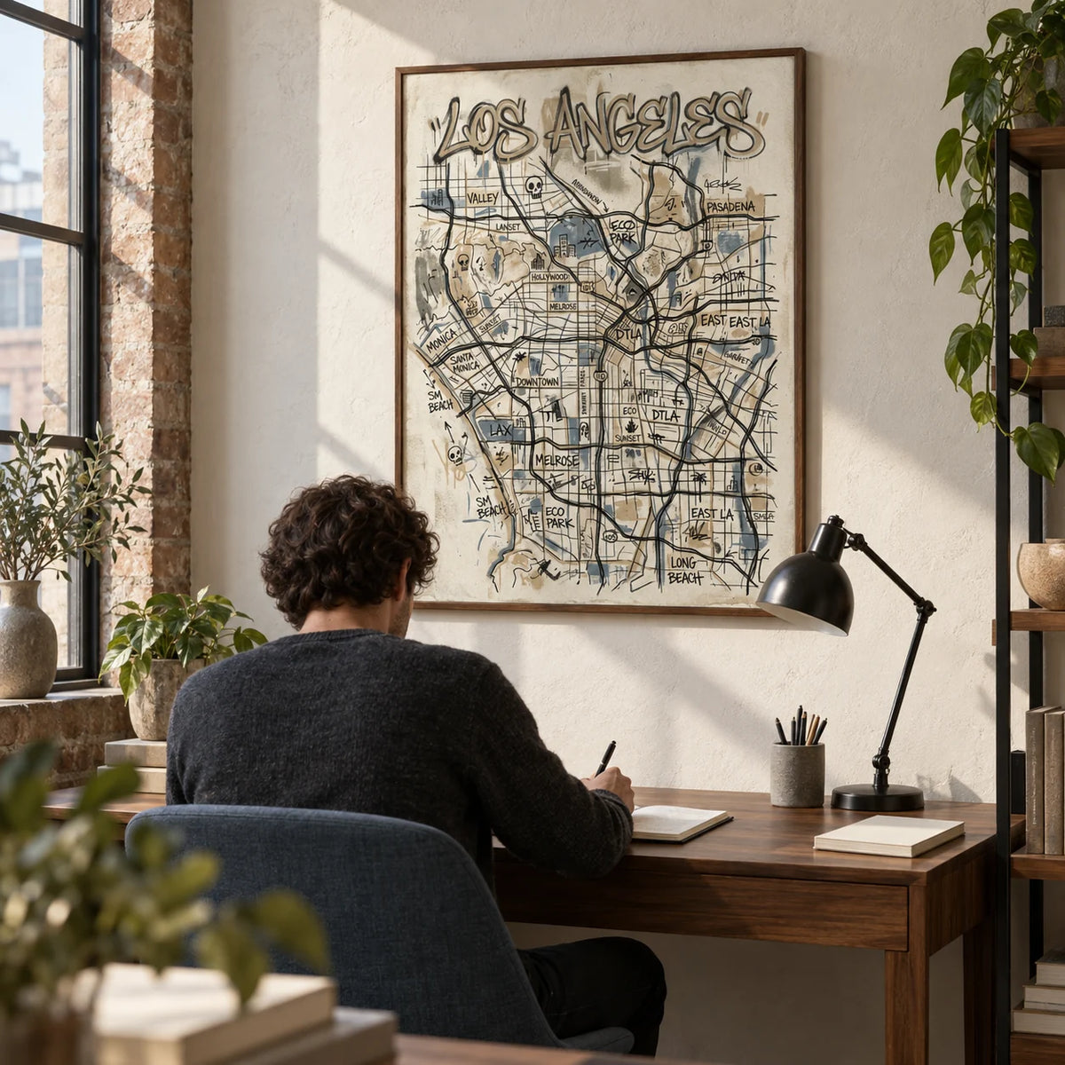 Los Angeles Map Art, framed on the wall of a compact home study in a converted UK warehouse flat with an off-white plaster wall and a walnut desk