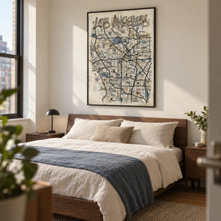Los Angeles Map Art, framed on the wall of a contemporary bedroom in a UK city apartment with a warm white wall and walnut furniture