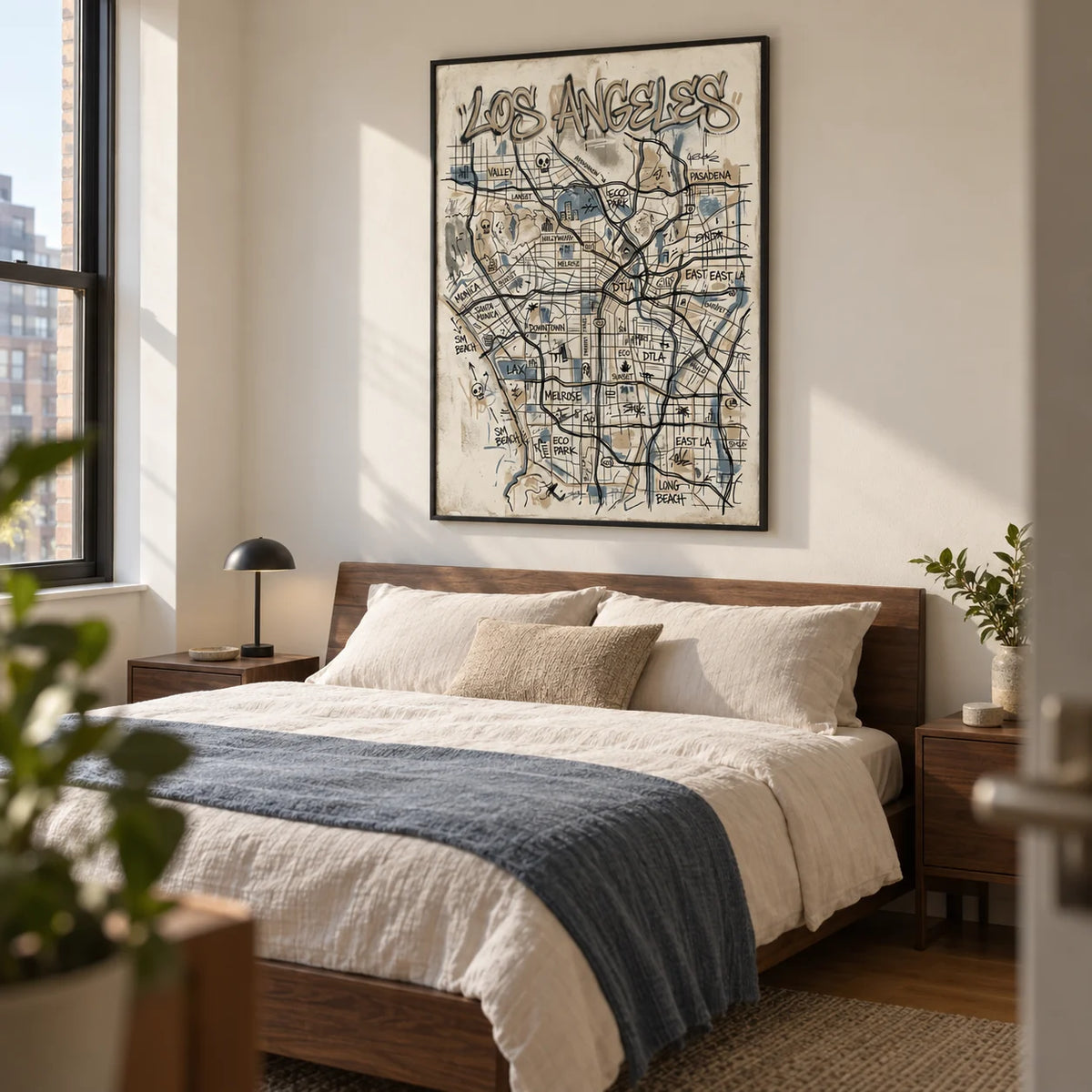 Los Angeles Map Art, framed on the wall of a contemporary bedroom in a UK city apartment with a warm white wall and walnut furniture