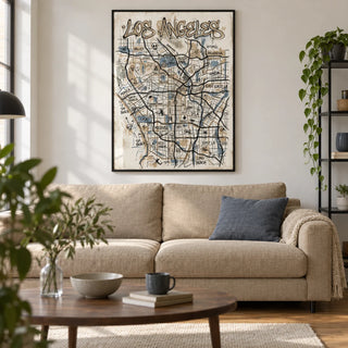 Los Angeles Map Art, framed on the wall of a contemporary living room in a UK city flat with a chalk-white wall