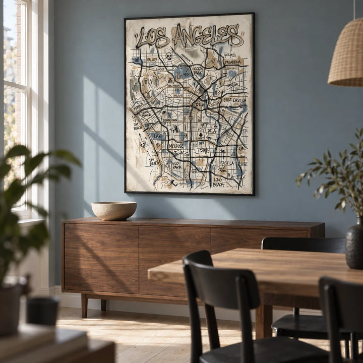 Los Angeles Map Art, framed on the wall of a modern dining room in a UK terrace with a muted blue-grey wall and pale timber floor