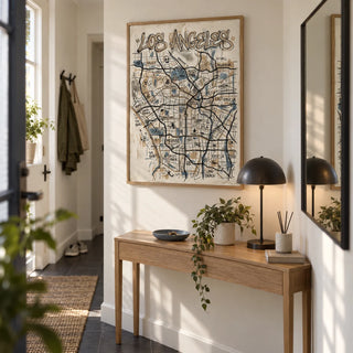 Los Angeles Map Art, framed on the wall of a narrow entrance hall in a first flat for a buyer aged 22-28