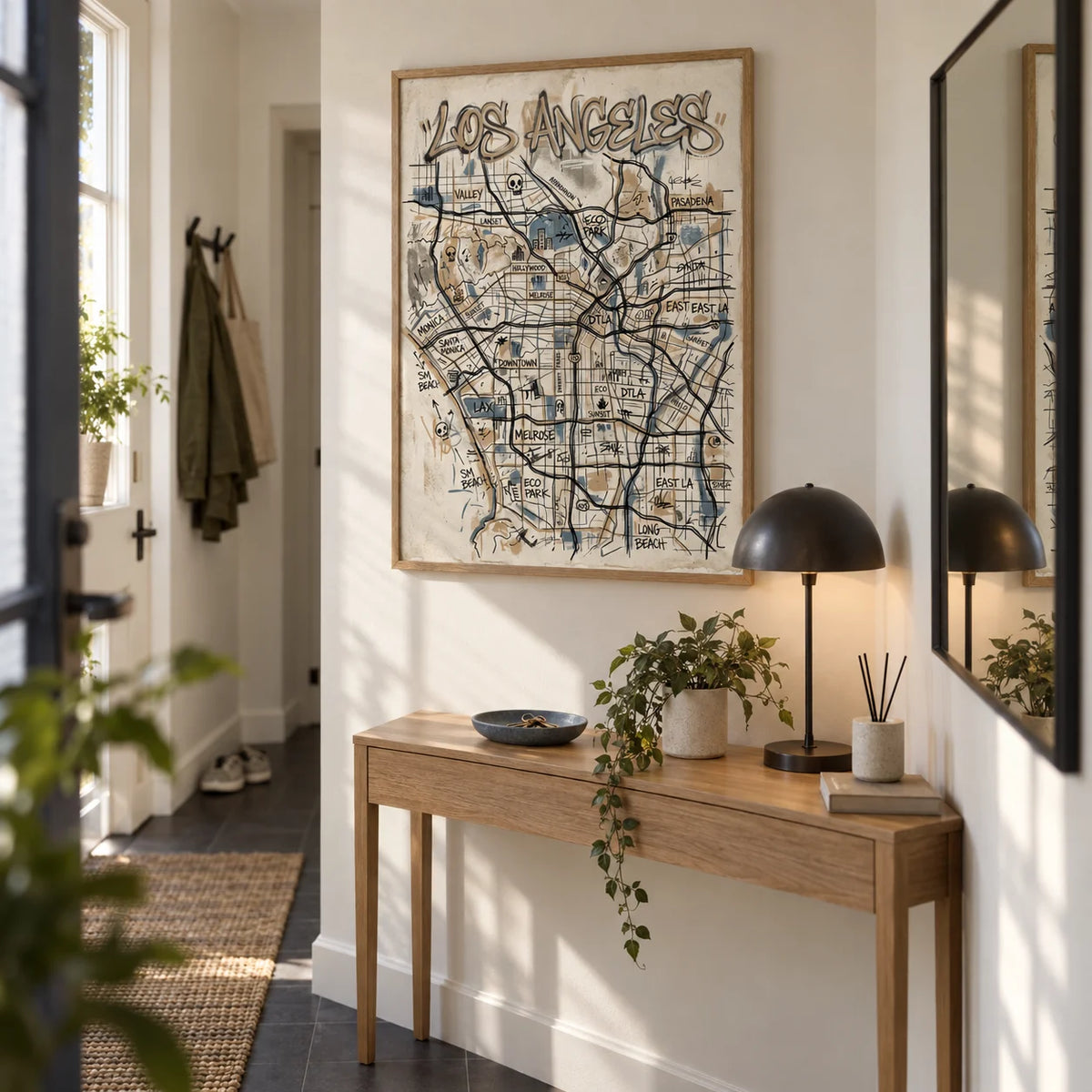 Los Angeles Map Art, framed on the wall of a narrow entrance hall in a first flat for a buyer aged 22-28