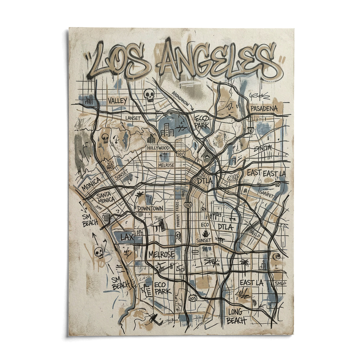 Los Angeles Map Art, shown as an unframed paper print on a plain white background