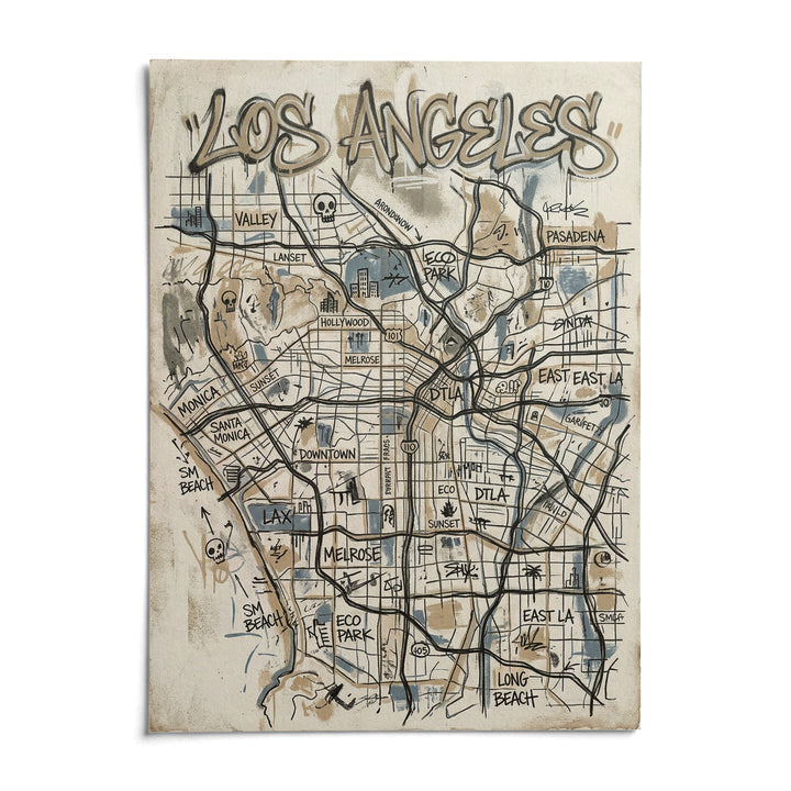 Los Angeles Map Art, shown as an unframed paper print on a plain white background