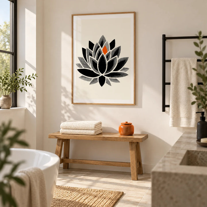 Lotus Art Print, framed on the wall of a bright contemporary bathroom with warm white walls and large plain stone floor tiles