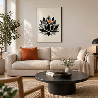 Lotus Art Print, framed on the wall of a calm modern living room in a UK flat with warm white plaster walls and an oak floor