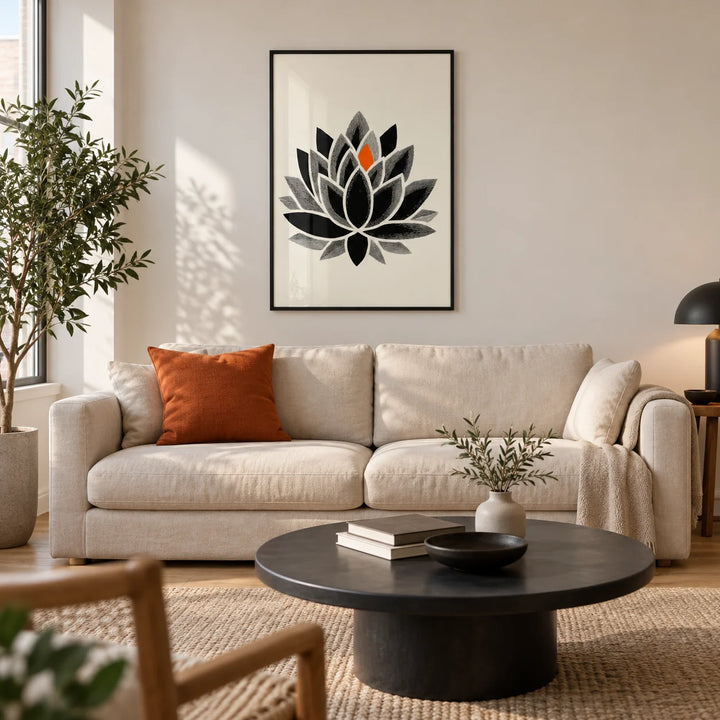 Lotus Art Print, framed on the wall of a calm modern living room in a UK flat with warm white plaster walls and an oak floor
