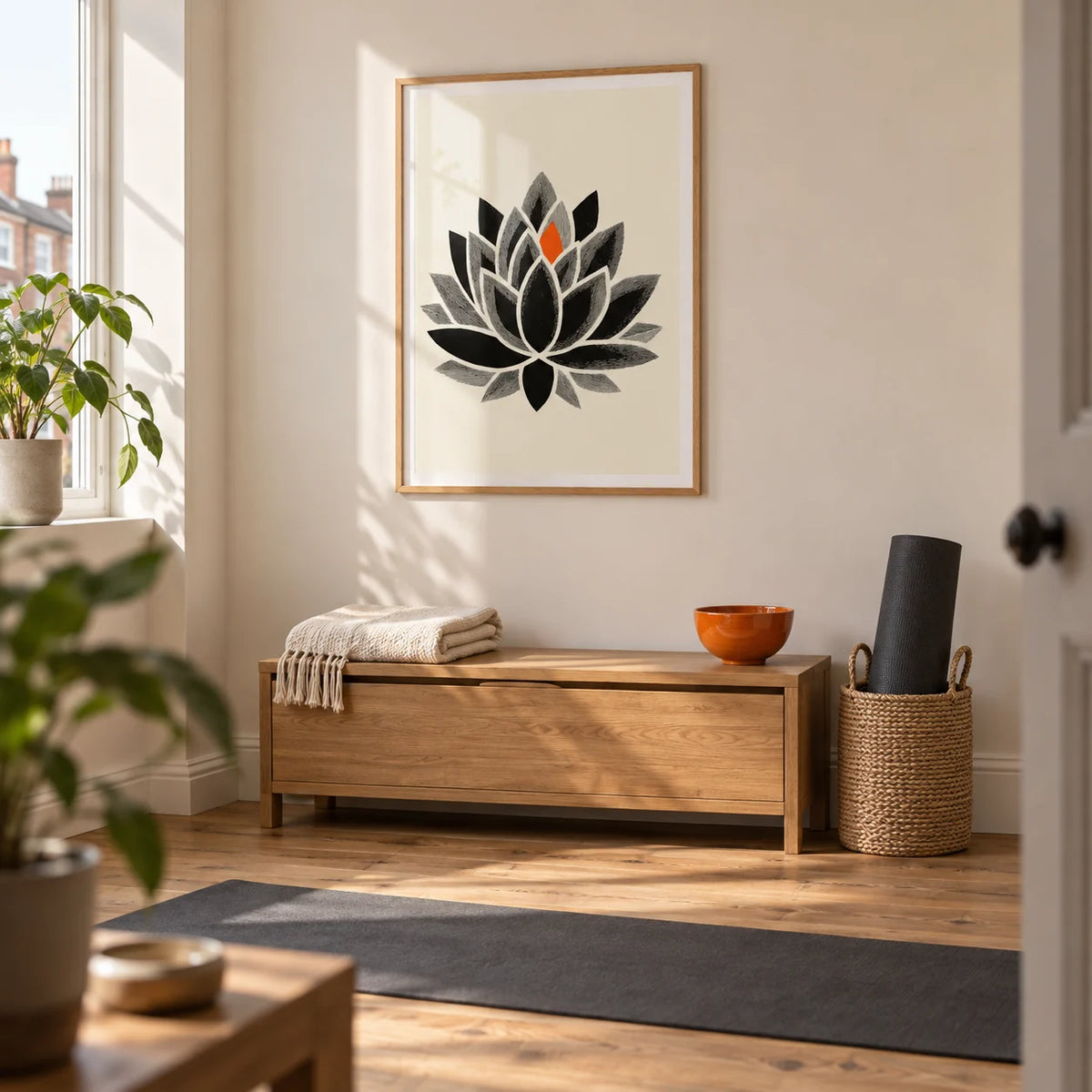 Lotus Art Print, framed on the wall of a quiet home yoga corner in a terraced house with a pale cream wall and natural wood flooring
