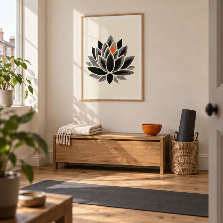 Lotus Art Print, framed on the wall of a quiet home yoga corner in a terraced house with a pale cream wall and natural wood flooring