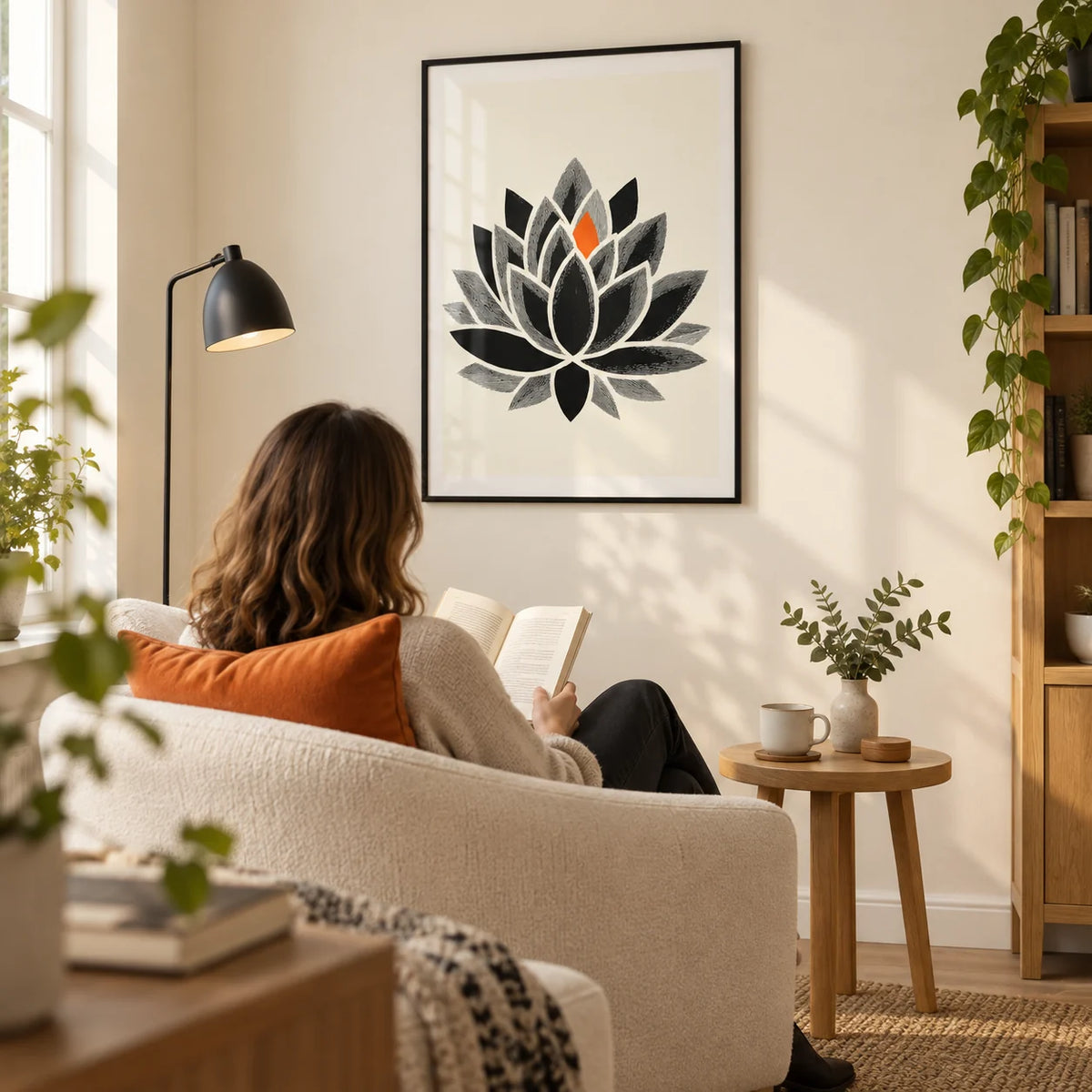 Lotus Art Print, framed on the wall of a quiet reading corner in a modern UK home with a pale cream wall in a living room