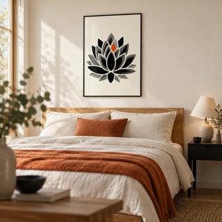 Lotus Art Print, framed on the wall of a serene modern bedroom with a warm off-white wall