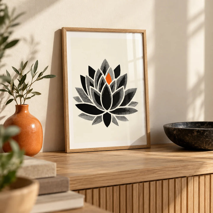 Lotus Art Print, a small A4 framed print leaning on a pale oak side table in a hallway