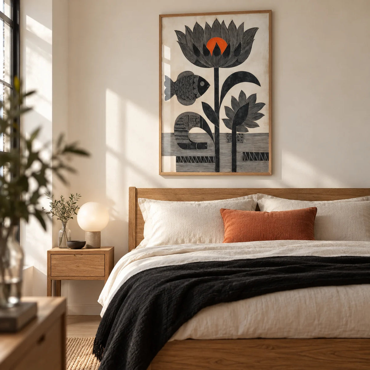 Lotus Fish Wall Art, framed on the wall of a calm adult bedroom in a renovated UK house with an ivory wall and pale timber floor