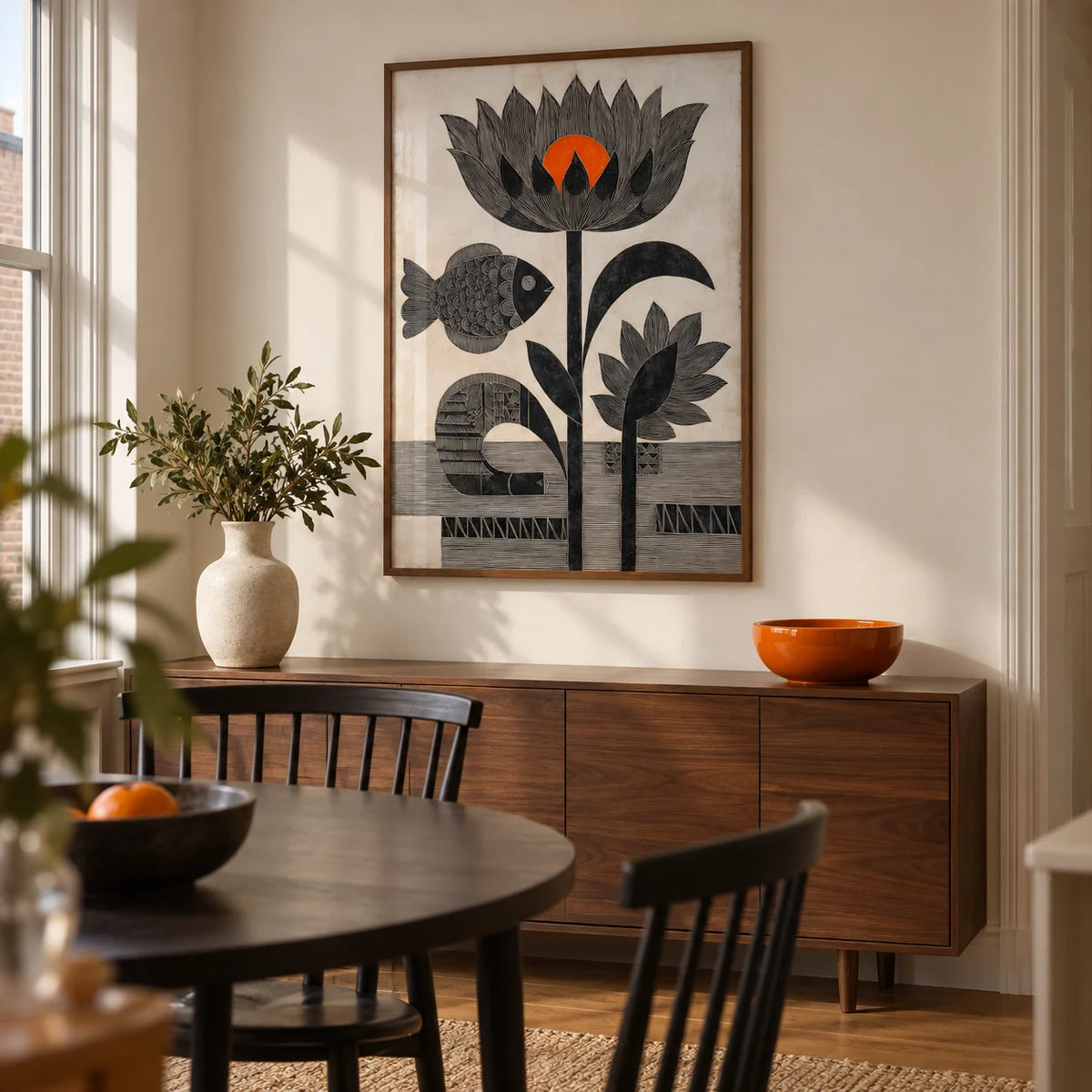 Lotus Fish Wall Art, framed on the wall of a compact contemporary dining room in a UK flat with a warm white wall