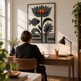 Lotus Fish Wall Art, framed on the wall of a design-led home study in a UK flat with a warm white wall and simple walnut furniture