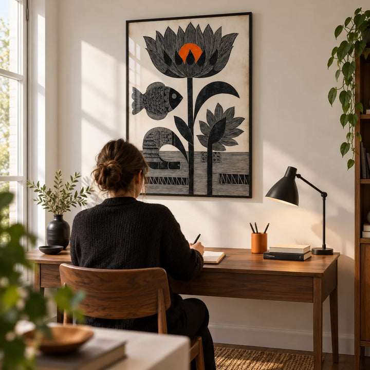 Lotus Fish Wall Art, framed on the wall of a design-led home study in a UK flat with a warm white wall and simple walnut furniture