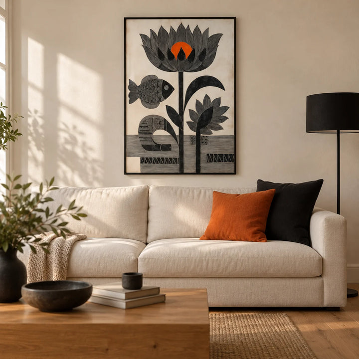 Lotus Fish Wall Art, framed on the wall of a modern living room in a UK terrace with warm ivory plaster walls and an oak floor