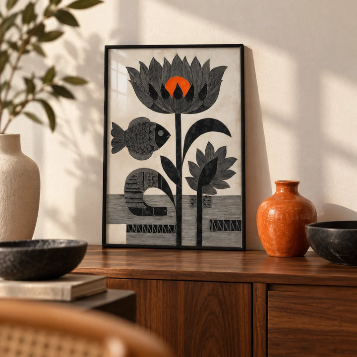 Lotus Fish Wall Art, a small A4 framed print leaning on a walnut sideboard in a living room