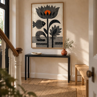 Lotus Fish Wall Art, framed on the wall of a welcoming hallway in a UK terraced house with a pale clay plaster wall and simple oak floorboards