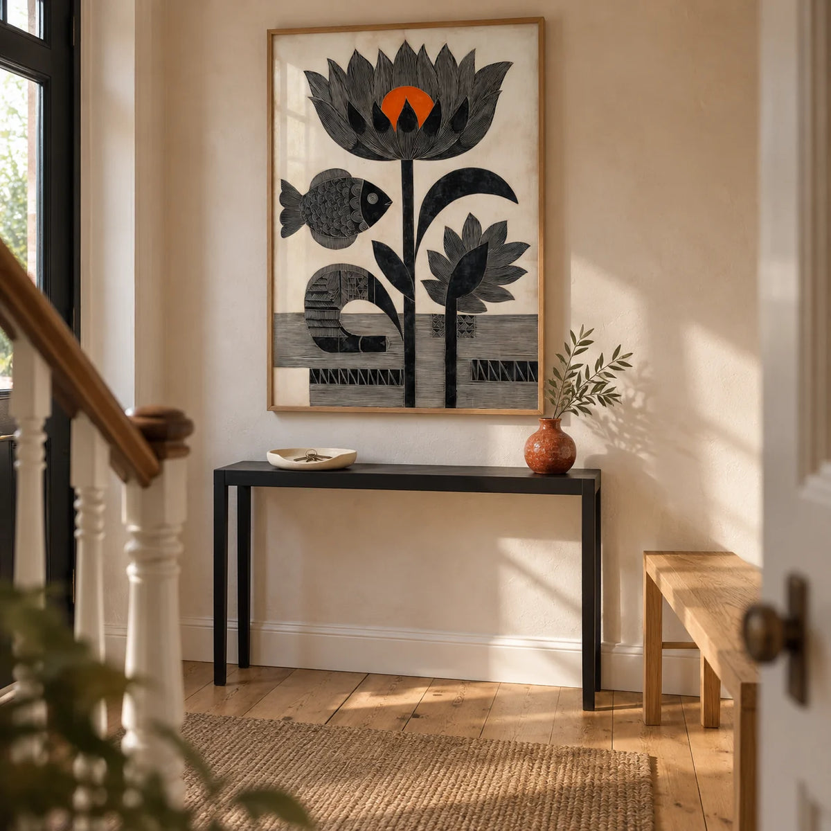 Lotus Fish Wall Art, framed on the wall of a welcoming hallway in a UK terraced house with a pale clay plaster wall and simple oak floorboards