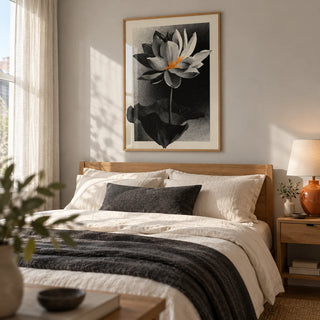 Lotus Flower Art Print, framed on the wall of a calm contemporary bedroom in a terraced house with a pale grey wall