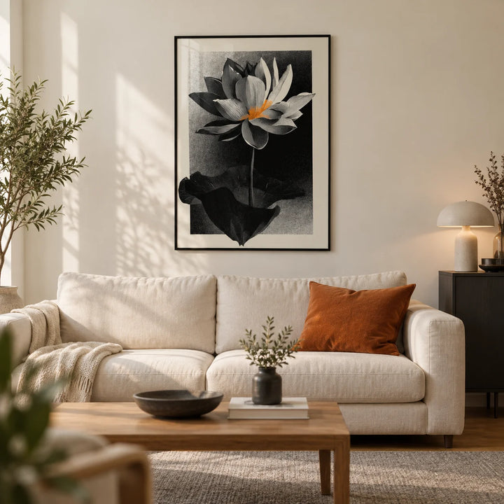 Lotus Flower Art Print, framed on the wall of a modern living room in a UK flat with warm cream walls