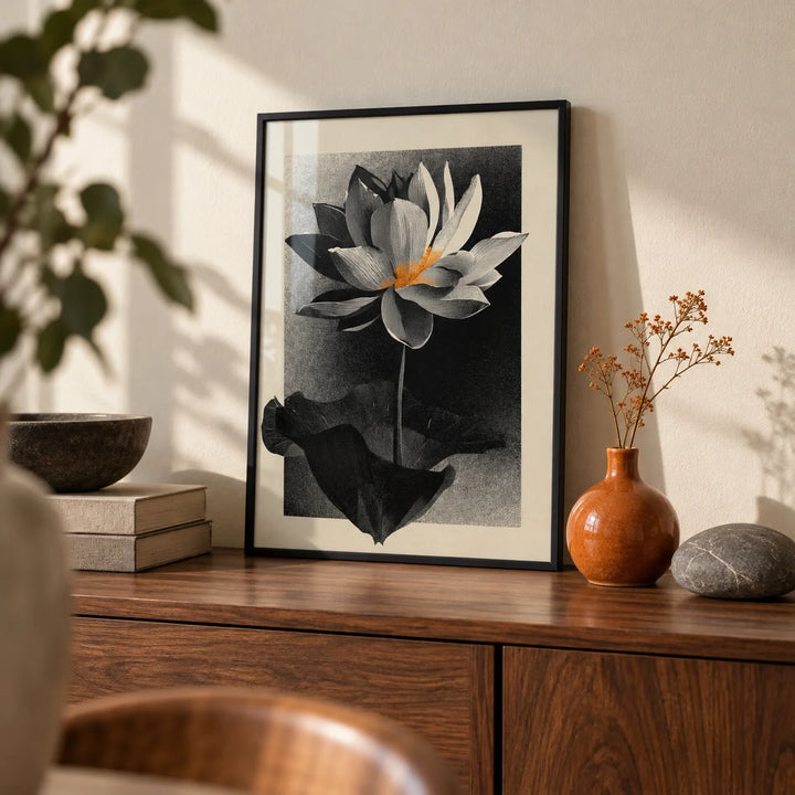 Lotus Flower Art Print, a small A4 framed print leaning on a walnut sideboard in a living room