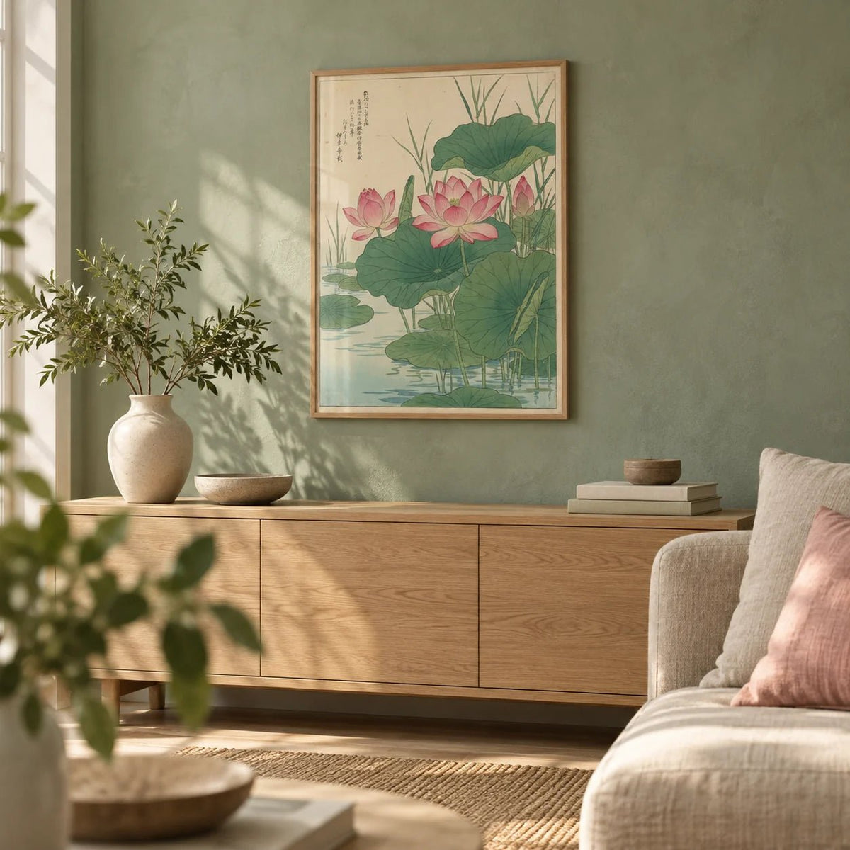 Lotus Flower Print, framed on the wall of a calm living room with a soft jade green limewashed wall