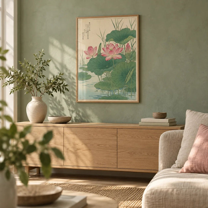 Lotus Flower Print, framed on the wall of a calm living room with a soft jade green limewashed wall